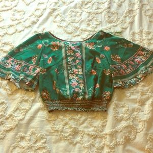 Green floral cropped blouse with open back